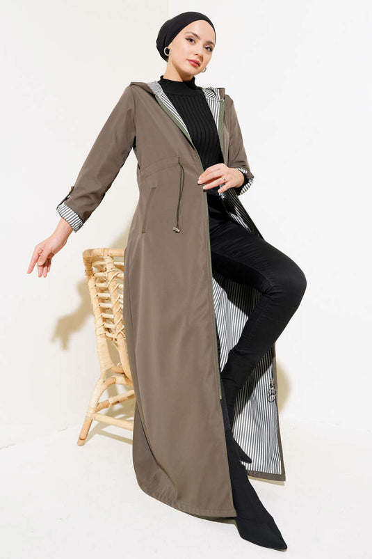 Striped Lined Waist Tunnel Trench Coat Khaki