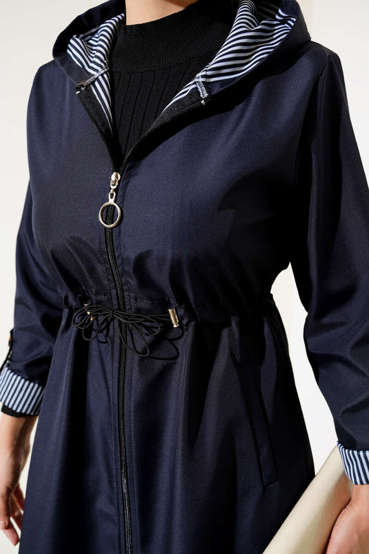 Navy Striped Waist Tunnel Trench Coat