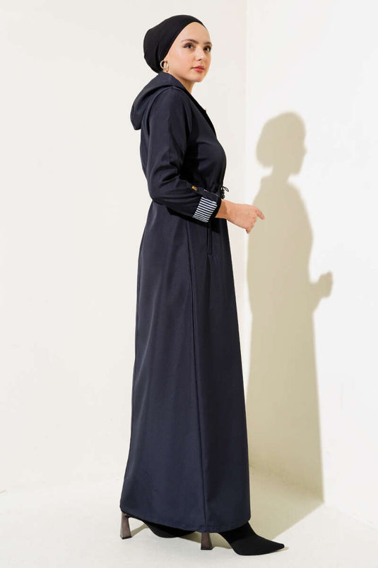 Navy Striped Waist Tunnel Trench Coat