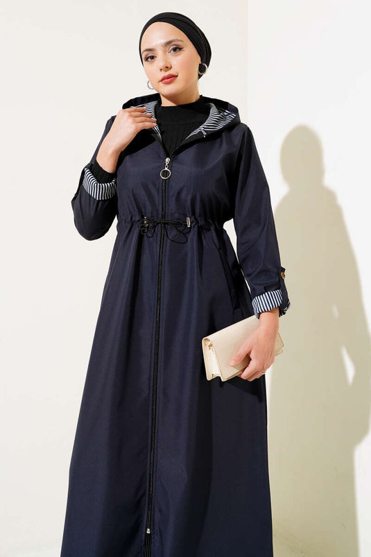 Navy Striped Waist Tunnel Trench Coat