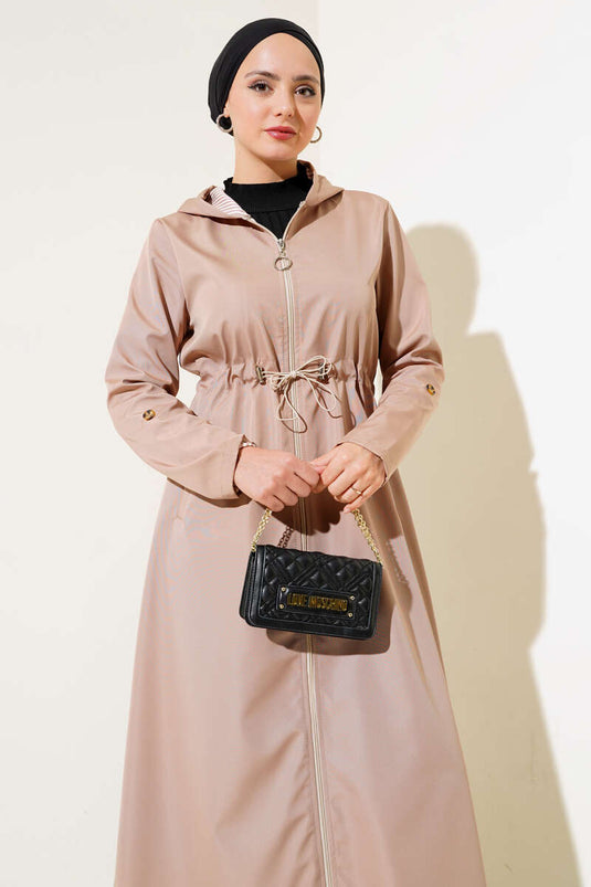 Binnen Gestreepte Taille Tunnel Trenchcoat Latte