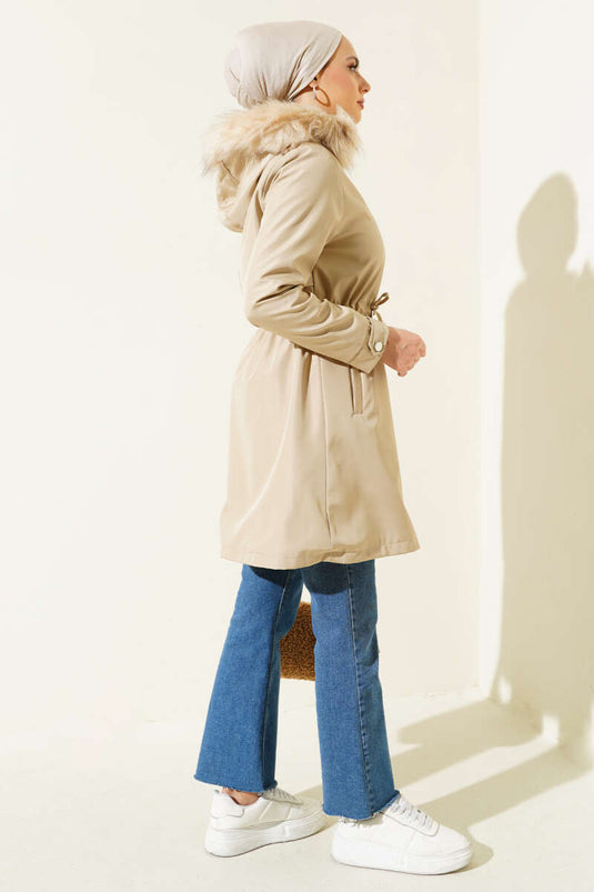 Manteau Taille String Doublé De Fourrure Beige