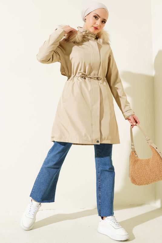 Manteau Taille String Doublé De Fourrure Beige