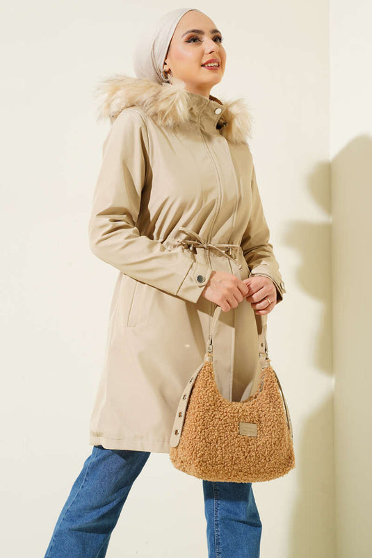 Manteau Taille String Doublé De Fourrure Beige