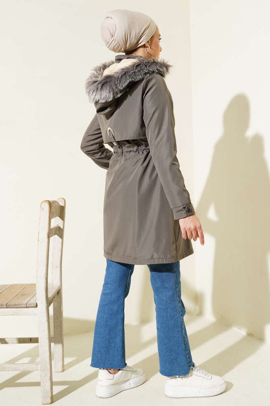 Manteau à Cordon Doublé de Fourrure Gris