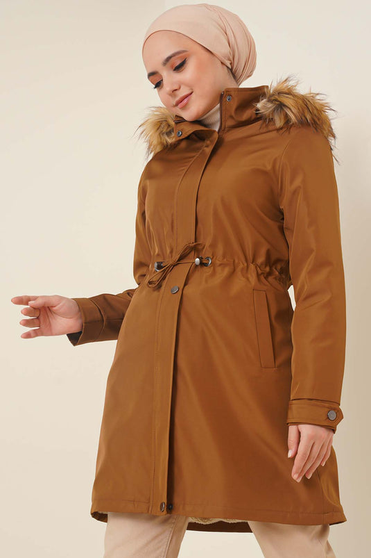 Manteau à cordon de serrage à la taille doublé de fourrure Marron