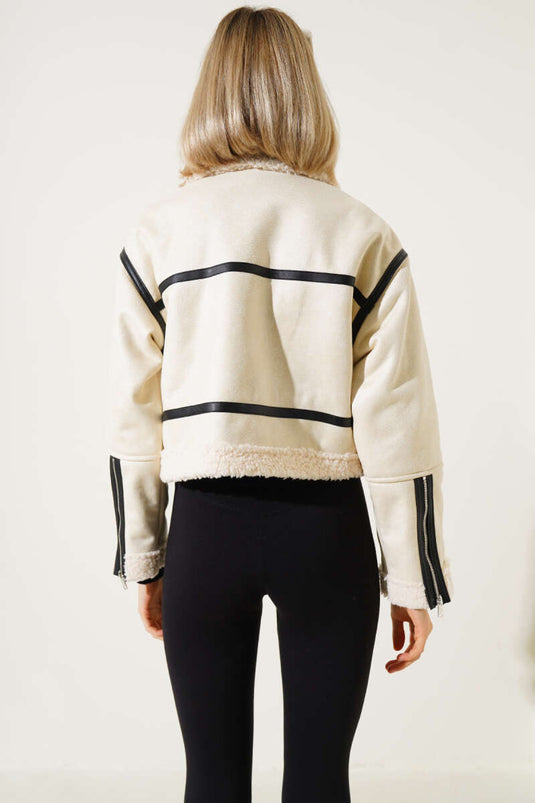 Short Leather Coat with Fur Inside, Cream