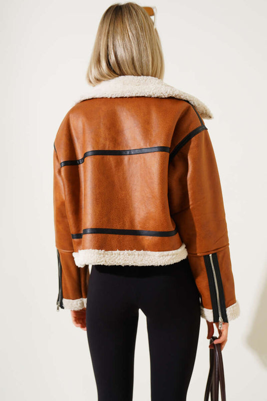 Short Leather Coat with Fur Inside, Tan