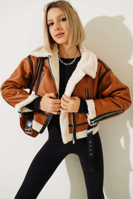 Short Leather Coat with Fur Inside, Tan