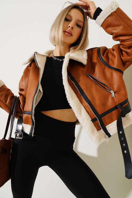 Short Leather Coat with Fur Inside, Tan