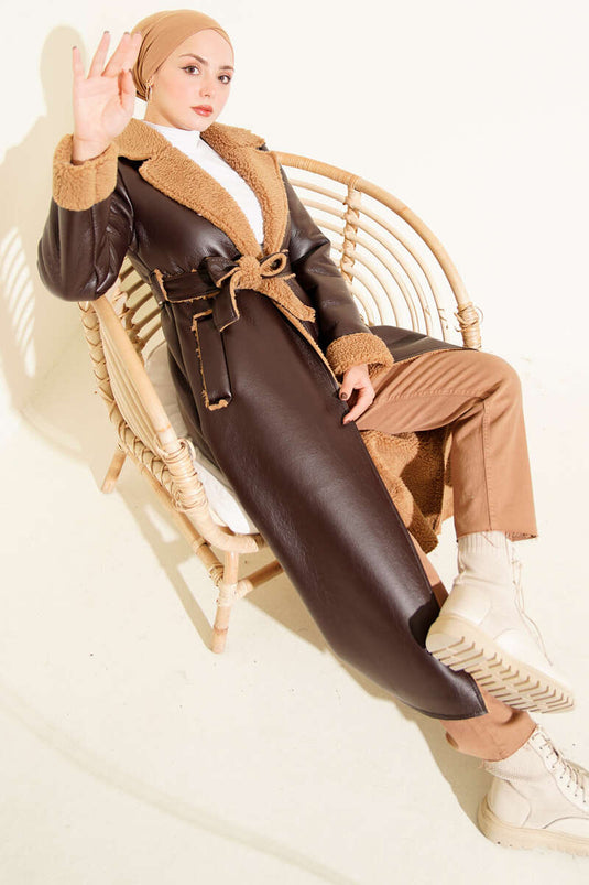 Long Leather Coat with Fur Lining, Dark Brown