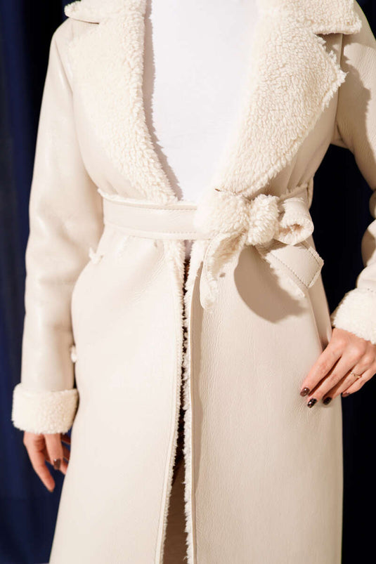 Fur-lined Leather Long Coat, Beige