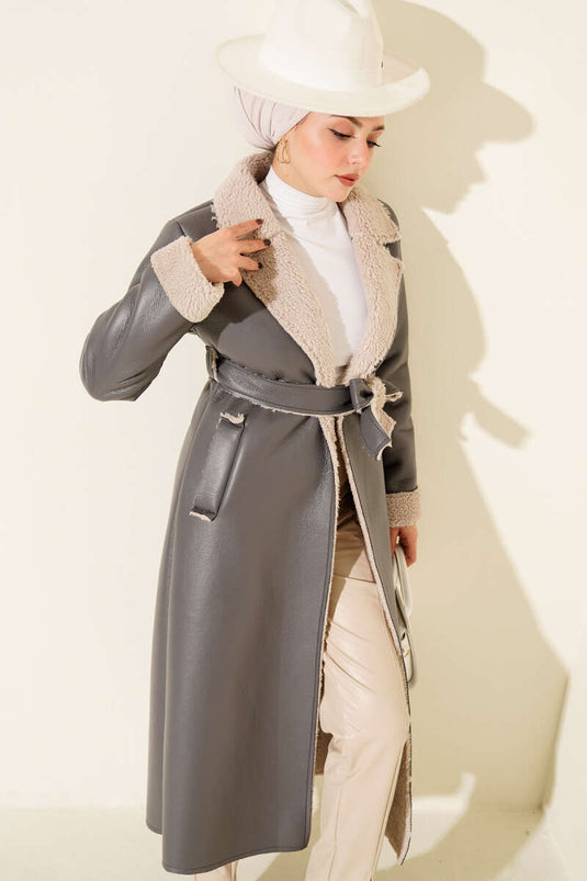 Fur-Lined Leather Long Coat, Smoke Grey