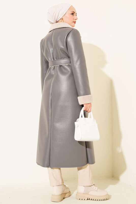 Fur-Lined Leather Long Coat, Smoke Grey