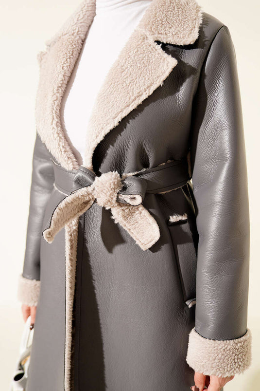 Fur-Lined Leather Long Coat, Smoke Grey
