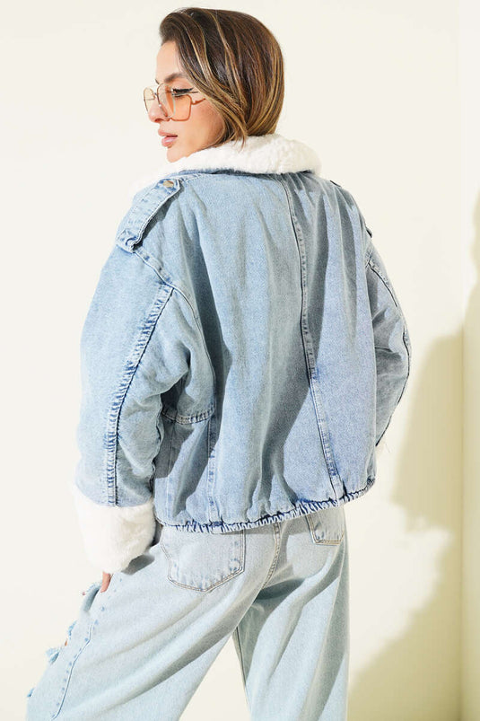 İçi Kürklü Fermuarlı Kot Kısa Mont Kot Mavisi