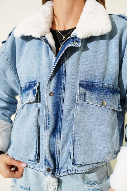 İçi Kürklü Fermuarlı Kot Kısa Mont Kot Mavisi