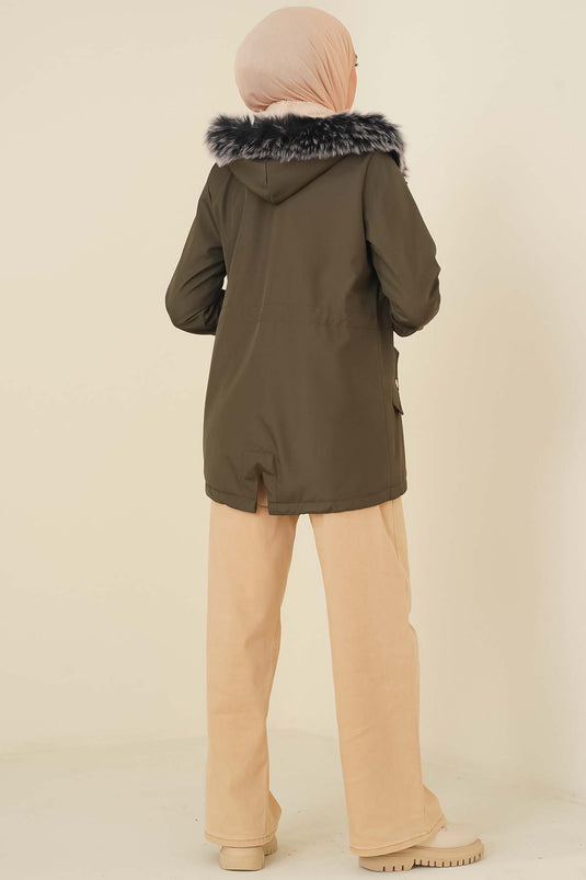 Manteau Court Fourré Kaki