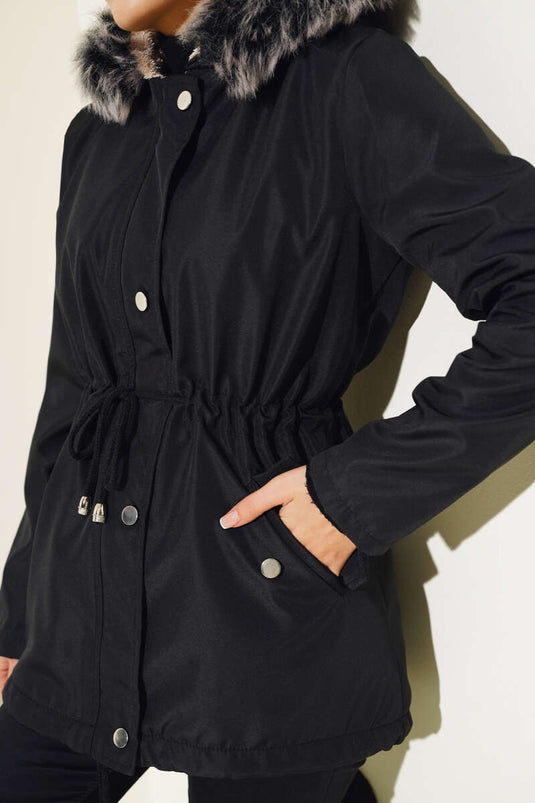 Manteau Court Doublé De Fourrure Noir