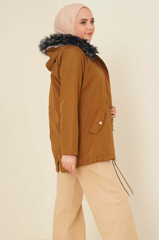 Manteau court doublé de fourrure Tan