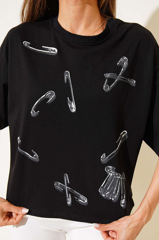 Pin Printed Basic T-shirt Black