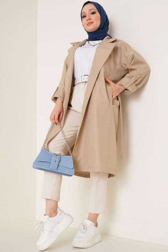 Trench-Coat Ceinturé à Deux Boutons Beige