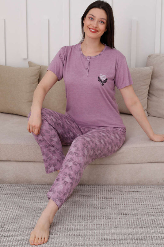 Two-Button Patterned Viscose Pajama Set Lilac