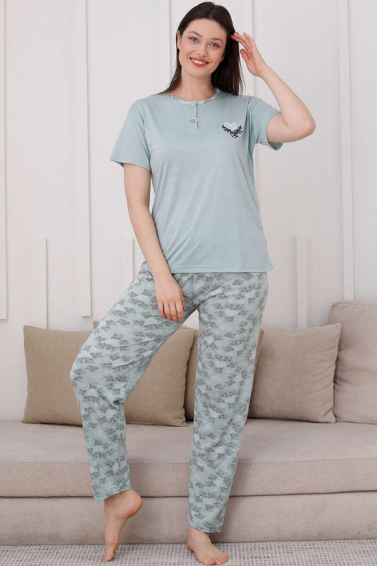 Two-Button Patterned Viscose Pajama Set Mint