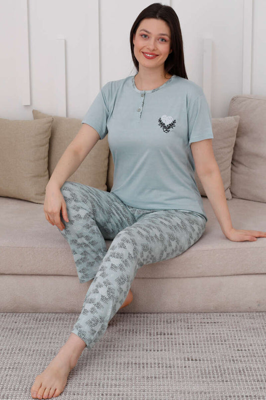 Two-Button Patterned Viscose Pajama Set Mint