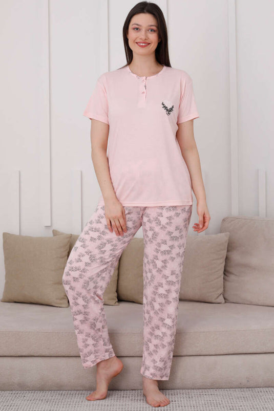 Two-Button Patterned Viscose Pajama Set Kitten's Mouth