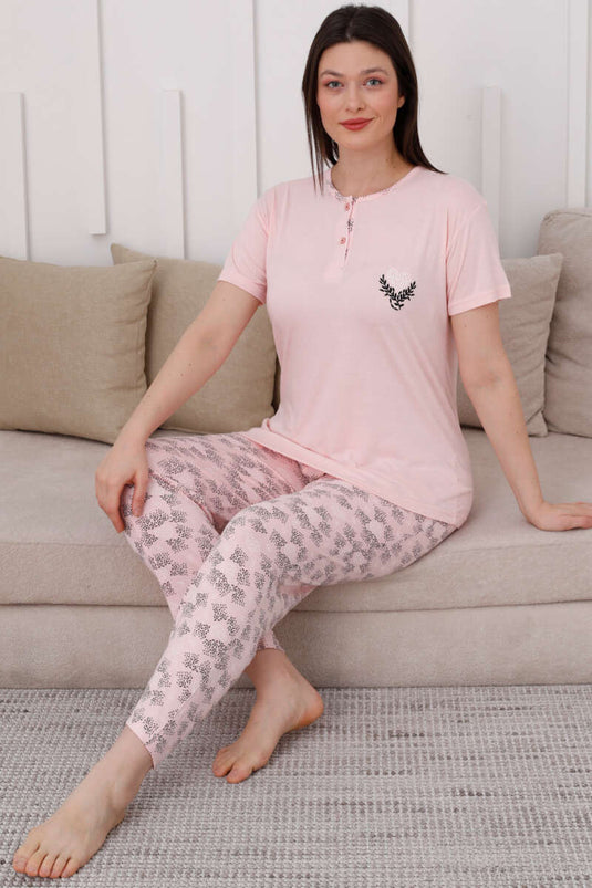 Two-Button Patterned Viscose Pajama Set Kitten's Mouth