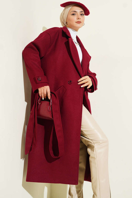 معطف كشمير مزدوج الصدر بزرين - لون عنابي