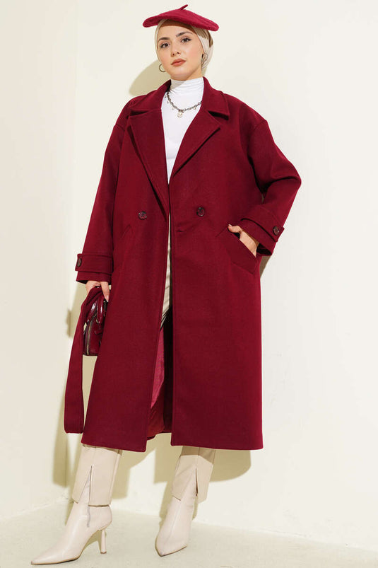 Zweireihiger Kaschmirmantel mit zwei Knöpfen und Kragen, burgunderrot