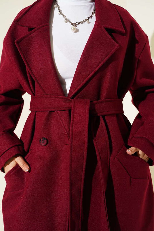 معطف كشمير مزدوج الصدر بزرين - لون عنابي