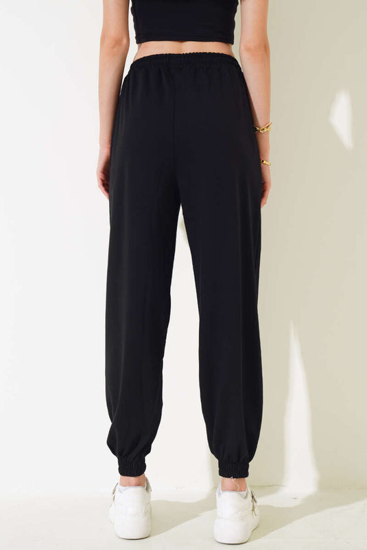 İki İp Paça Lastikli Jogger Pantolon Siyah