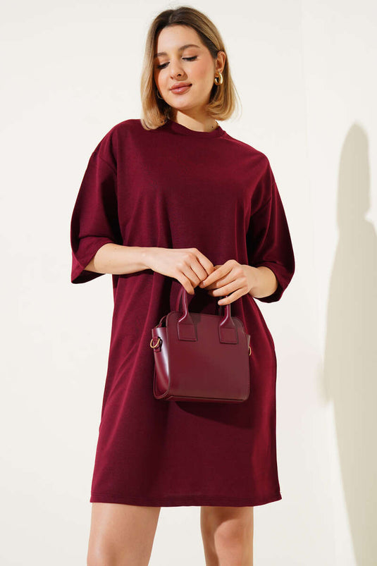 İki İplik Basic Uzun T-shirt Bordo