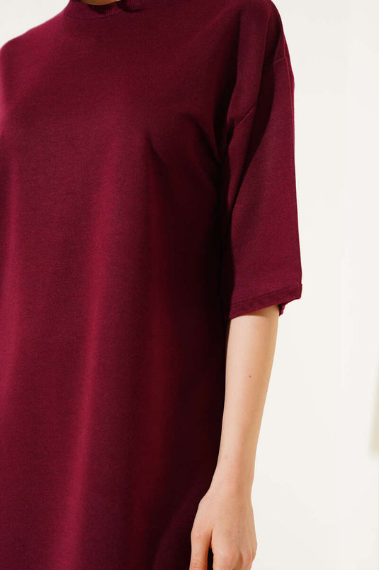 İki İplik Basic Uzun T-shirt Bordo