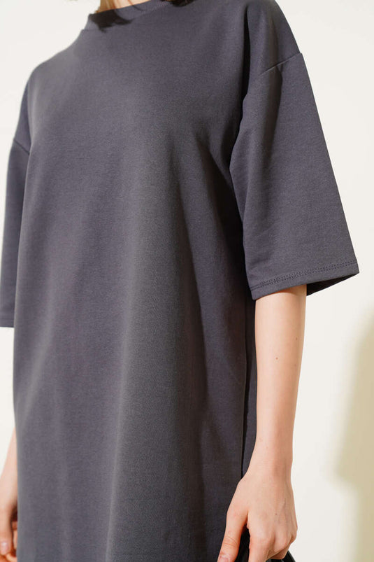 تي شيرت طويل أساسي بخيطين دخاني