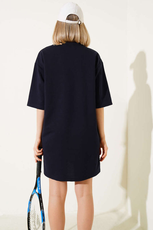 İki İplik Basic Uzun T-shirt Lacivert