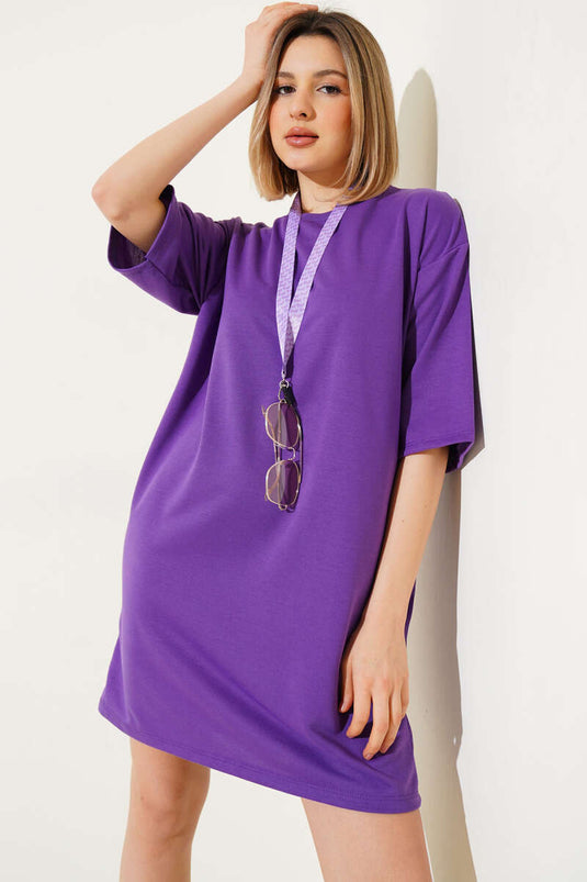 تي شيرت أساسي طويل بخيطين باللون الأرجواني