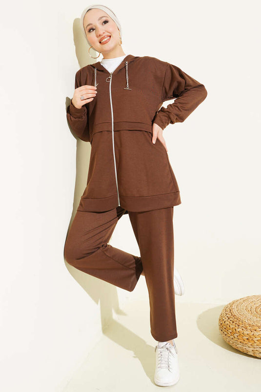 İki İplik Kapüşonlu Fermuarlı İkili Takım Kahve