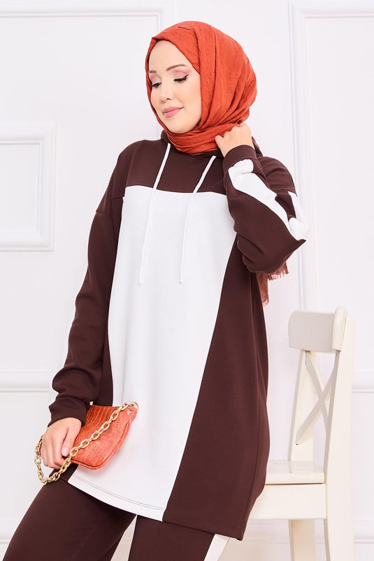 Two-Tone Hooded Hijab Two-Piece Suit Burgundy
