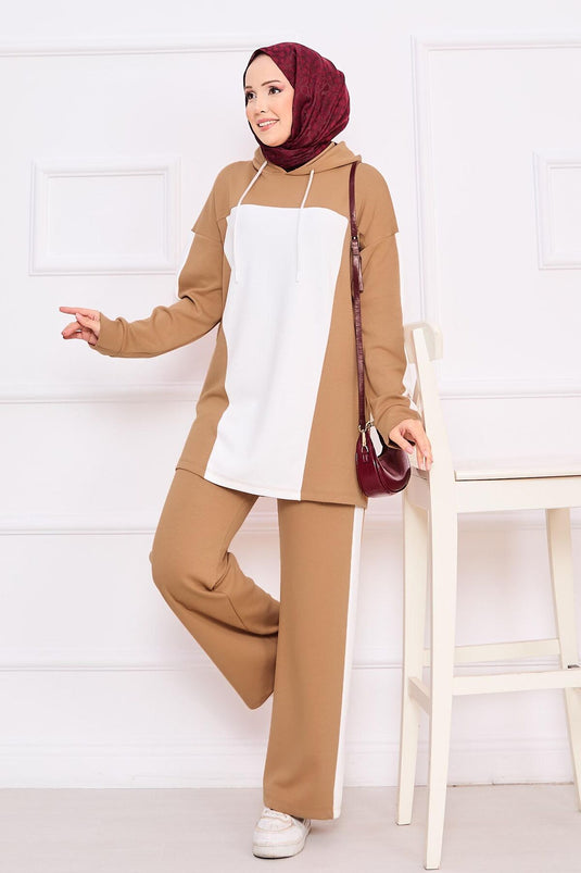 طقم حجاب بغطاء للرأس ثنائي اللون من قطعتين - جملي