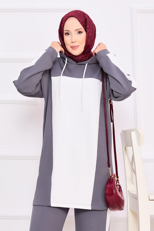 Two-Tone Hooded Hijab Two-Piece Suit Gray