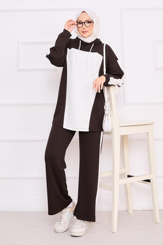 Two-Tone Hooded Hijab Two-Piece Suit Brown