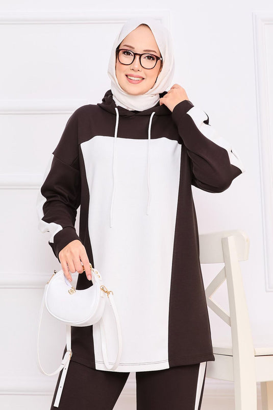 Two-Tone Hooded Hijab Two-Piece Suit Brown