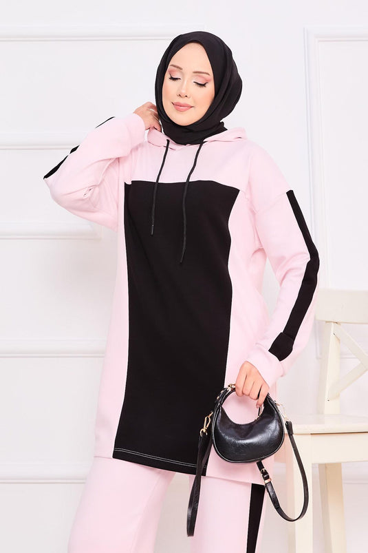 Two-Tone Hooded Hijab Two-Piece Set Powder