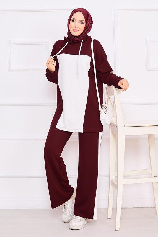 Two-Tone Hooded Hijab Two Piece Set Wine