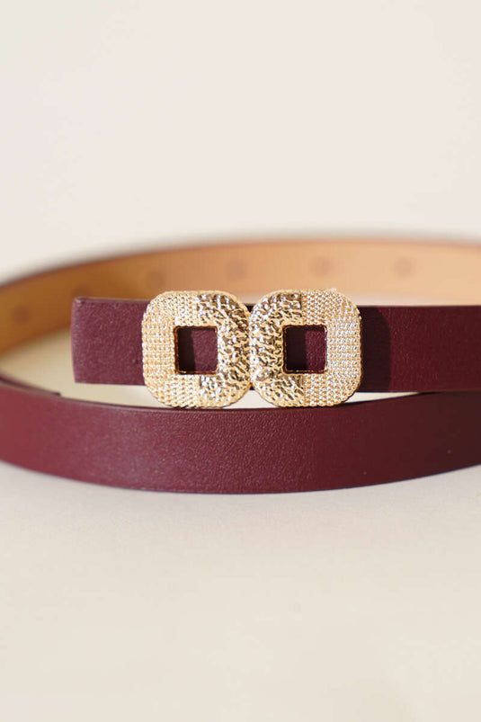 Double Square Buckle Thin Belt Burgundy