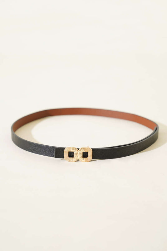 حزام رفيع بمشبك مربع مزدوج أسود